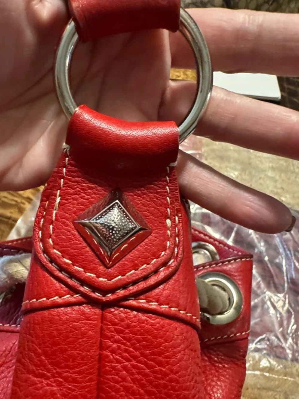 Tignanello Red Leather Drawstring Hobo with Rope Trim